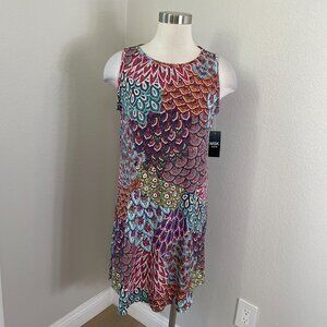 NEW MSK Petite Large Jersey Sleeveless Shift Dress Retro Peacock Feather Print